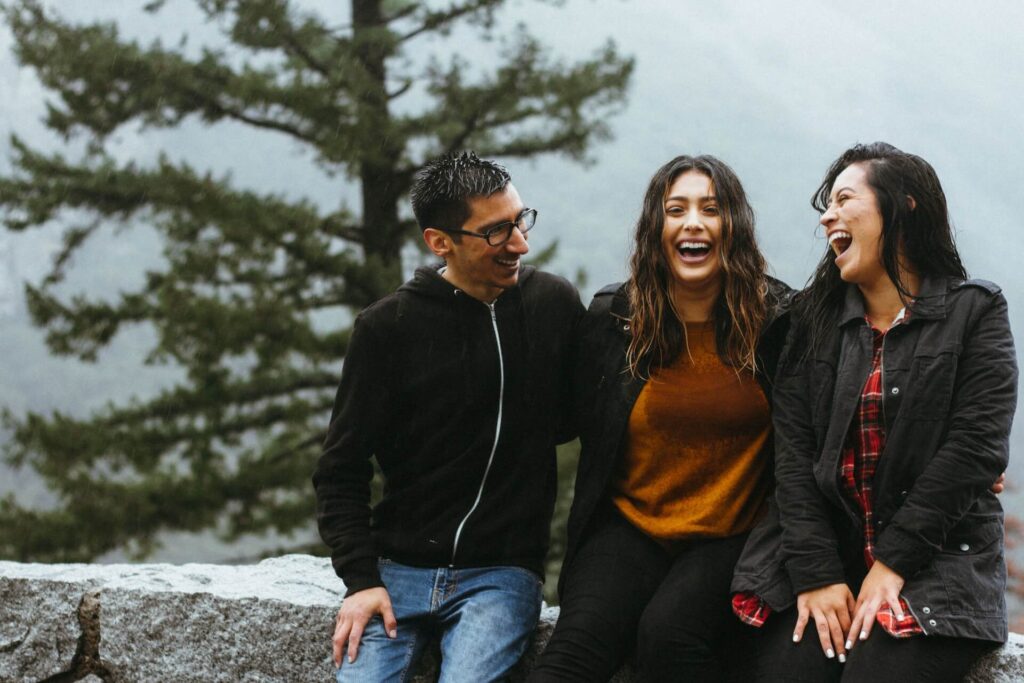 a group of friends chatting and laughing