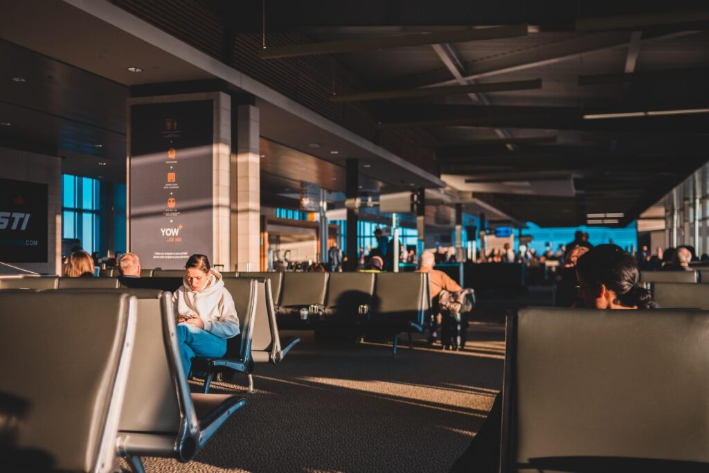 waiting area in an airport in the afternoon